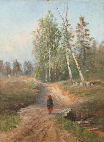 A girl on a country lane by 
																	Aleksandra Egorovna Makovskaia