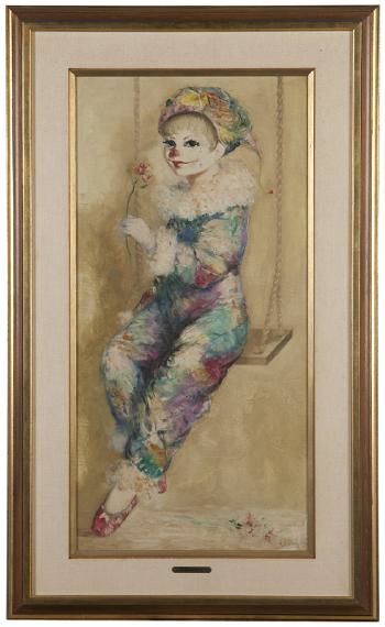 Clown child seated on a swing by 
																			Violetta de Koszeghy