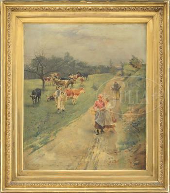 Hungarian farm scene with numerous figures by 
																	Bertalan de Karlovsky