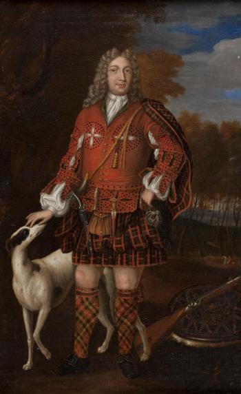 Full length portrait of Kenneth Duffis, 3rd Lord of Sutherland with his dog by 
																	Richard Waitt