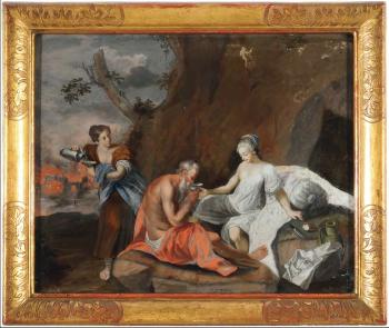 Lot und seine Töchter - im Hintergrund brennen Sodom und Gomorrha by 
																	Johann Peter Abesch