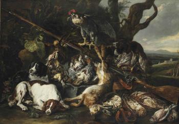 A hunting still life of a hare, partridges, snipes and other birds, together with three spaniels, a hooded falcon, a rifle and a game-bag and belt in a hilly landscape by 
																	Jan Fyt