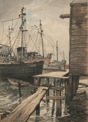 Boats in Lowestoft harbour by 
																			Julian Leathart