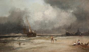Yarmouth sand with view of Yarmouth; Blowing up for a stormy night, Jarvis's Jetty near the Findborn; a pair by 
																			William James Durant Ready