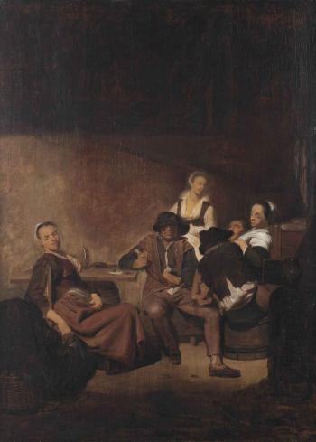 Peasants making merry in an interior by 
																	Reyer van Oosterzaen
