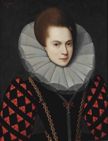 Portrait of a lady, bust-length, in a black and red Spanish dress, and white ruff, with a sword-shaped hairpin and golden chain with a pistol-shaped charm around her neck by 
																	David Remeeus