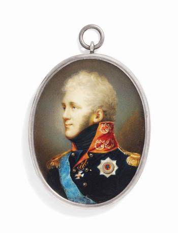 Alexander I (1777-1825), Tsar of Russia 1801-1825, in dark uniform with red collar, gold epaulettes, wearing the blue moiré sash and breast-star of the Imperial Russian Order of St Andrew and the Russian Military Order of St George by 
																	C H N Oppermann