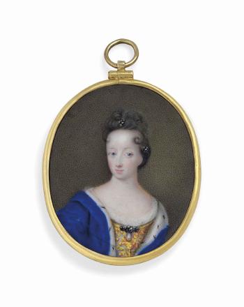 Hedvig Eleonora of Holstein-Gottorp (1636-1715), Queen of Sweden, in gold-embroidered dress with drop-pearl and gem-set brooch at corsage, ermine-bordered blue dress, pearls in her upswept hair by 
																	Erik Utterheim