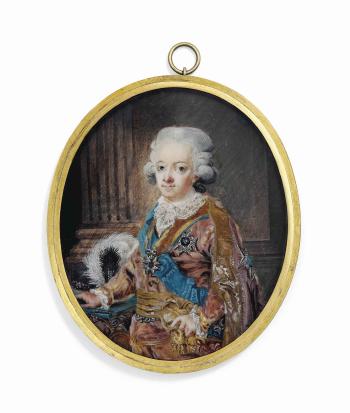 Gustav III (1746-1792), King of Sweden 1771-1792, in robes of the Royal Swedish Order of the Seraphim with gold belt, frilled white shirt, gold-bordered red cloak, wearing the blue moiré sash and .. by 
																	Leonard Ornbeck