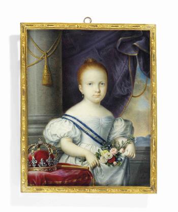 Isabella II (1830-1904), Queen of Spain 1833-1868, in white dress, wearing the blue and white striped moiré sash of the Royal Spanish Order of Charles III, holding a bouquet of flowers, a crown and scepter on a red velvet cushion to her right; .. by 
																	Luis de la Cruz y Rios