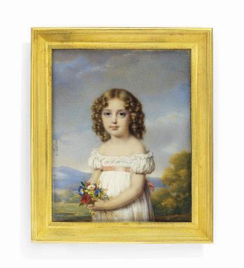 A child, in white off-the-shoulders dress with pink sash, holding a bouquet of flowers, fair hair dressed in ringlets; landscape background by 
																	Daniel Saint