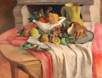 Still life with fruit and brioche by 
																	Jean Joveneau