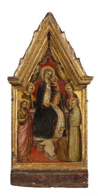 La Vierge et l'Enfant en trône entre saint Jean-Baptiste, saint François et sainte Dorothée agenouillée, deux saintes et deux anges by 
																	Angelo di Taddeo Gaddi