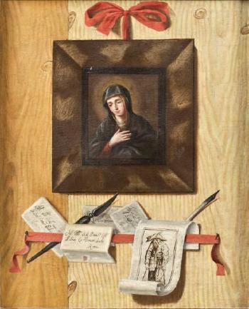 Trompe l'œil aux billets avec la figure de la Vierge et une gravure d'après Jacques Callot by 
																	Andrea Domenico Remps