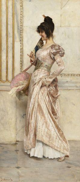 Fashionably dressed lady in a classical interior by 
																			Giovanni Muzzioli