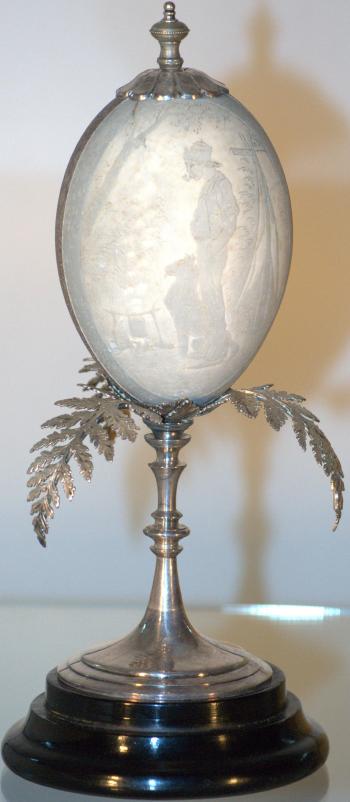 An Australian silver plate mounted titled 'cameo' emu egg by 
																	 Ingram Brothers