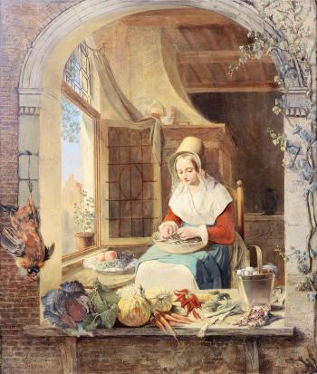 A young lady shelling peas in a niche by 
																	Alexis van Hamme