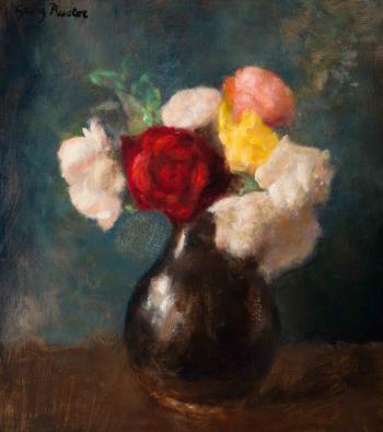 Mixed roses in circular glass vase by 
																	Georg Rueter