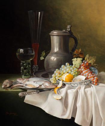 Still life with jug, glassware, fruit and fish by 
																	Jos Aanraad