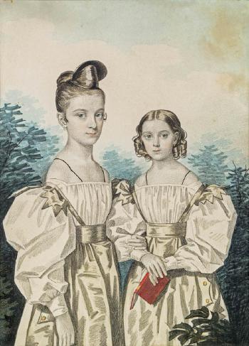 Doppelporträt der Töchter von General Pjotr S. Uschakow und Maria Tarbeew: Anna (1822-1905), verh. Martinoff (links) und Elena (1824-1860), verh. Fürstin Tscherkassky (rechts) by 
																	Carl von Hampeln