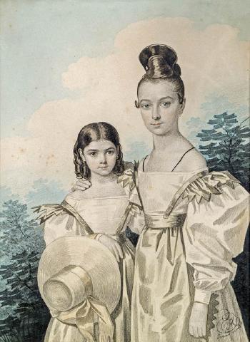 Doppelporträt der Töchter von General Pjotr S. Uschakow und Maria Tarbeew: Sofia (1823-1877), verh. Narischkin (links) und Alexandra (1821-1880), verh. Gräfin Bobrinksy (rechts) by 
																			Carl von Hampeln