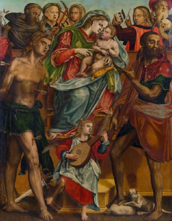 Sacra conversazione: Madonna mit Kind umgeben von den Heiligen Sebastian und Rochus by 
																			Simone Carretta