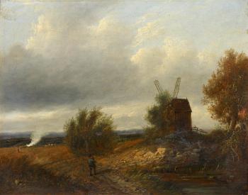 Figure on a country path, a windmill nearby by 
																	Patrick Nasmyth