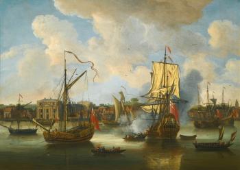 A Fifth-rate Man Of War Saluting An Admiralty Yacht Arriving In The Thames Off Greenwich Palace, With Merchant Shipping Beyond by 
																	Isaac Sailmaker