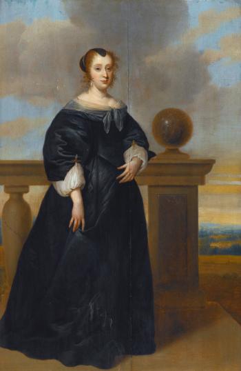 A Portrait Of a Woman, Full Length, In a Black Dress, Standing Next To a Balustrade by 
																	Isaak Luttichuys