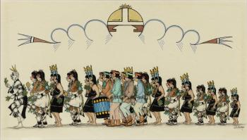 Ceremonial dance; A group of Koshares by 
																			Awa Tsireh