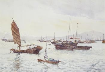 Junks in Victoria Harbour, Hong Kong by 
																	Henry George Gandy