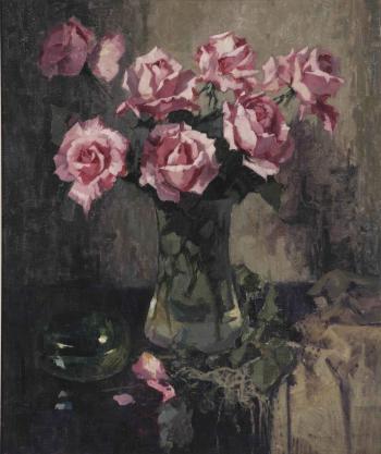 A Still Life With Pink Roses In A Vase by 
																	Hendrik van Os-Delhez