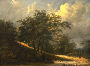 Figures on a track, with Ducks in a river in the foreground by 
																	Patrick Nasmyth