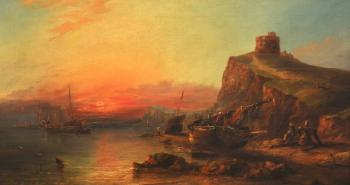 Near Hastings, a beach scene at sunset by 
																	William James Durant Ready
