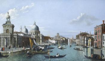 A view of the entrance to the Grand Canal, Venice, looking west, with the Dogana and Santa Maria della Salute to the left and the Palazzo Tiepolo to the right by 
																	 English School