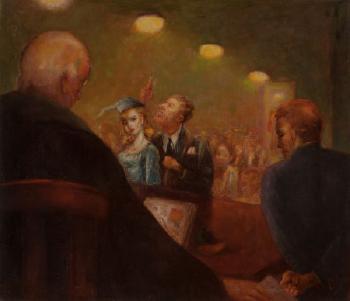 Courtroom Scene with Lawyer and Woman in Blue Dress by 
																			Jack Levitz