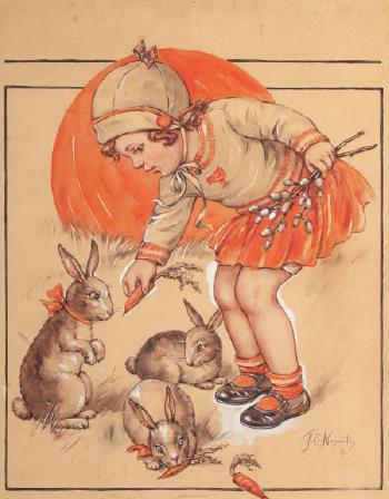 Little Girl Feeding the Bunnies, probable magazine cover by 
																			Florence Pearl England Nosworthy