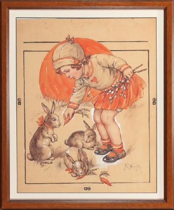 Little Girl Feeding the Bunnies, probable magazine cover by 
																			Florence Pearl England Nosworthy