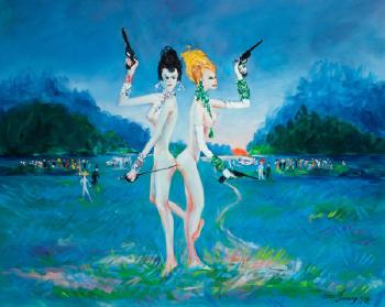 Two Nude Women With Guns, The New Yorker Story Illustration by 
																			Brad Jernigan