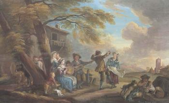 Country people dancing outside a cottage; and Card-players in the garden of an inn by 
																	Lallemand Naissant