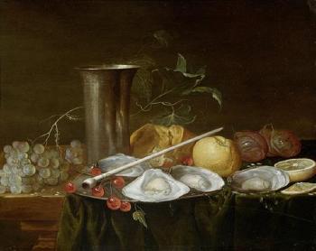 Stillleben mit Trauben, Kirschen, Austern, Brot und Silbergefässen auf einer Tischplatte by 
																	Abraham van Lamoen