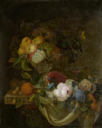 Früchtestillleben mit Blumendekor by 
																	Johann Georg Danner