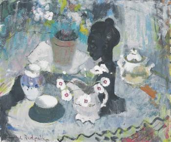 Pinks in a jug with sugarbowl and teacups by 
																	Anne Redpath