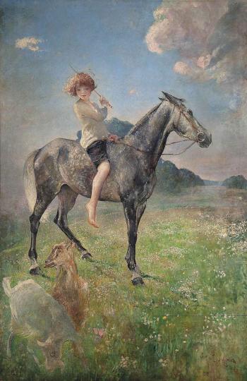 Equestrian portrait of Lady Mercy Marter, daughter of Frances, Countess of Warwick by 
																	Annie Swynnerton