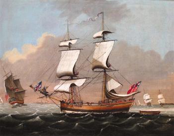 A trading brig and other vessels at sea by 
																	William Jackson of Liverpool