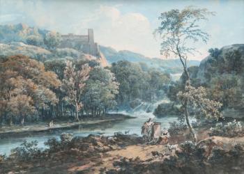 Bergers près d'une rivière de montagne avec un château fort by 
																			Charles Santoire de Varenne