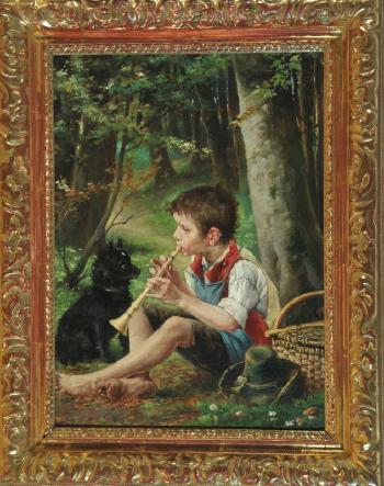 Flöte spielender Knabe mit Hund im Wald by 
																	Hugo Havenith