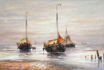 Vue de plage avec bateaux de pêche au coucher de soleil by 
																	Hendrik Vader