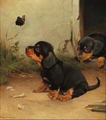Two puppies are looking at a small tortoiseshell flying by by 
																	Ejnar Vindfeldt