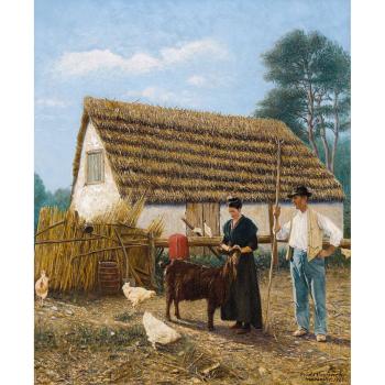 Bauernpaar vor reetgedeckter Hütte. by 
																	Ovide Curtovich